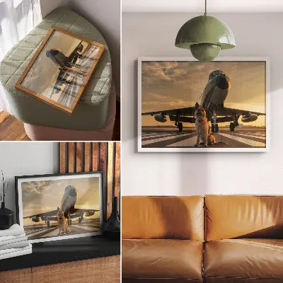 Poster cachorro e avião ao pôr do sol com uma visão única