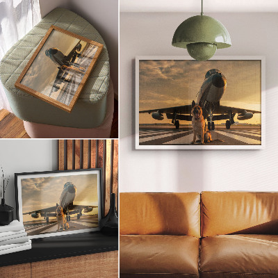 Poster Cachorro e avião ao pôr do sol - uma visão única.
