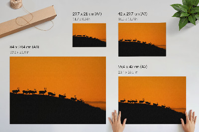 Poster Silhuetas de veados em uma colina com fundo laranja.