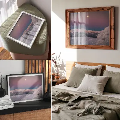 Poster para sala montanhas nevadas com lua rosa pastel