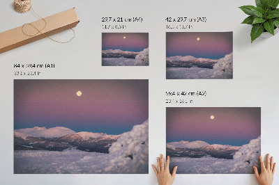 Poster para a sala montanhas nevadas lua rosa pastel