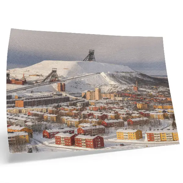 Poster para sala cidade de inverno com edifícios coloridos em contraste com a neve