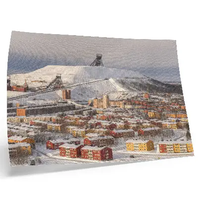 Poster para sala cidade de inverno com edifícios coloridos em contraste com a neve