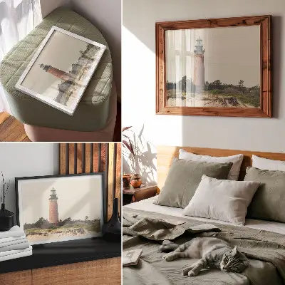 Poster para sala paisagem com farol, areia e árvores