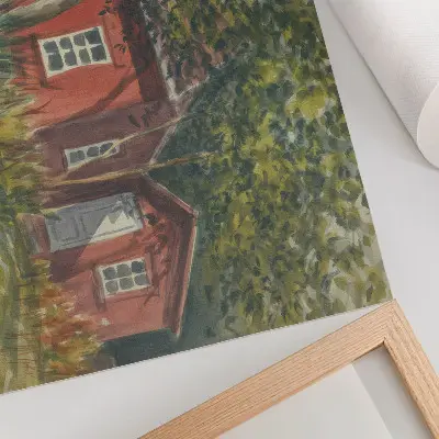Pôster casa de madeira com árvores e vegetação exuberante em cenário idílico