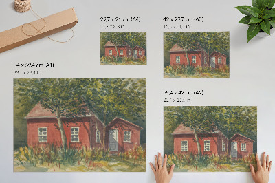 Poster Casa de madeira, árvores, vegetação exuberante, idílico.