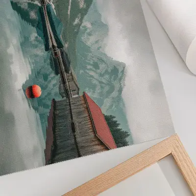 Poster reflexo tranquilo de um lago na montanha com barcos de madeira