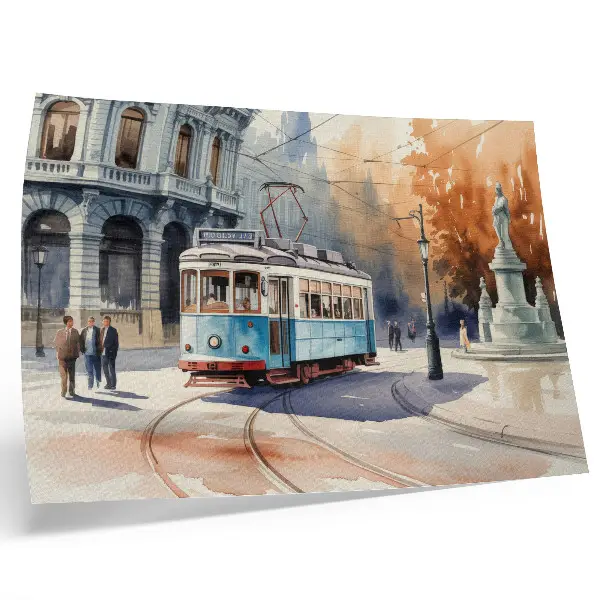 Pôster com estampa de bonde urbano em aquarela vintage