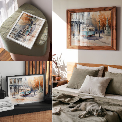 Poster elegância vintage em aquarela de bonde urbano
