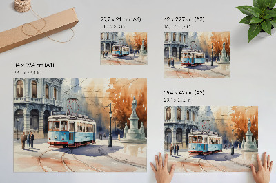 Poster elegância vintage em aquarela de bonde urbano