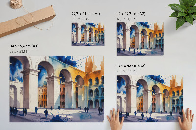 Poster em tela A arquitetura urbana apresenta manchas de aquarela em arcos elegantes.