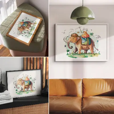 Pôster mural estampado com gato em um mamute mágico da natureza fantástica