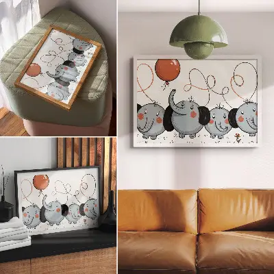 Poster elefantes com balões trazendo limpeza, diversão e alegria
