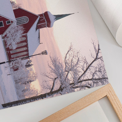 Poster Capela Vermelha, Inverno, Árvores Nevadas, Céu em Tons Pastel