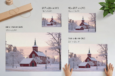 Poster Capela Vermelha, Inverno, Árvores Nevadas, Céu em Tons Pastel