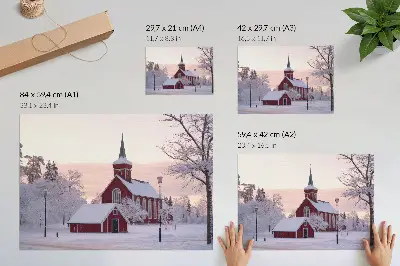 Pôster capela vermelha no inverno com árvores nevadas sob céu em tons pastel