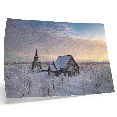 Poster para sala paisagem invernal tranquila com igreja de madeira