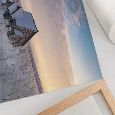 Poster para sala paisagem invernal tranquila com igreja de madeira