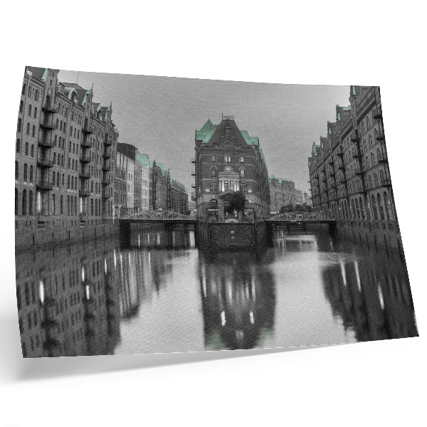 Poster para a sala Canal com edifícios industriais, reflexos na água.