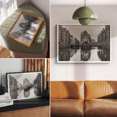Poster para sala com canal com edifícios industriais e reflexos na água