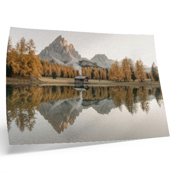 Poster Montanhas, reflexo, chalé, árvores douradas, lago tranquilo