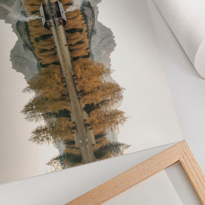 Poster Montanhas, reflexo, chalé, árvores douradas, lago tranquilo