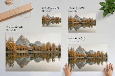 Poster Montanhas, reflexo, chalé, árvores douradas, lago tranquilo