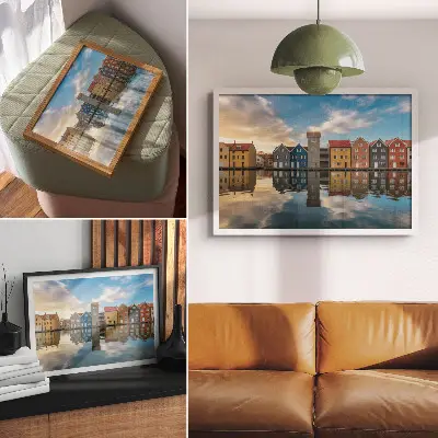 Poster em tela casas coloridas à beira da água com reflexos na arquitetura