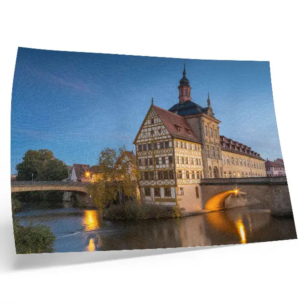 Pôster mural com estampa de prédio histórico, ponte, água e céu azul