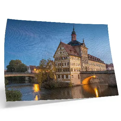 Pôster mural com estampa de prédio histórico, ponte, água e céu azul