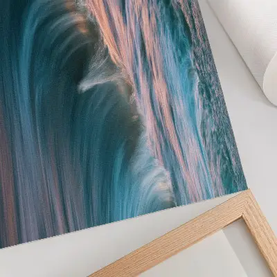 Poster mural com ondas dinâmicas de pôr do sol turquesa e azul