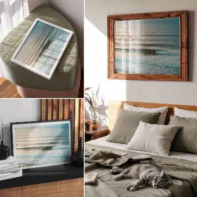 Poster ondas do oceano com horizonte calmo e surfistas