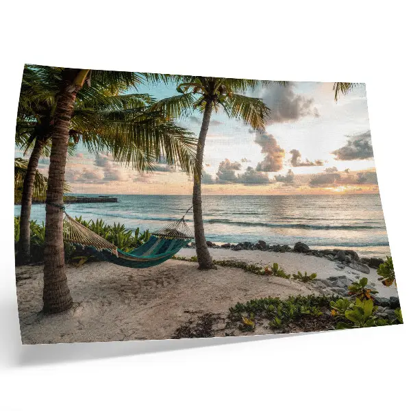 Poster em tela praia tropical com palmeiras e rede como oásis de relaxamento