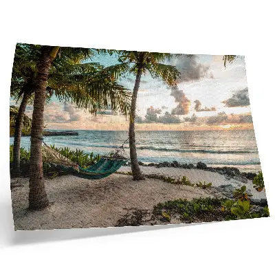 Poster em tela praia tropical com palmeiras e rede como oásis de relaxamento