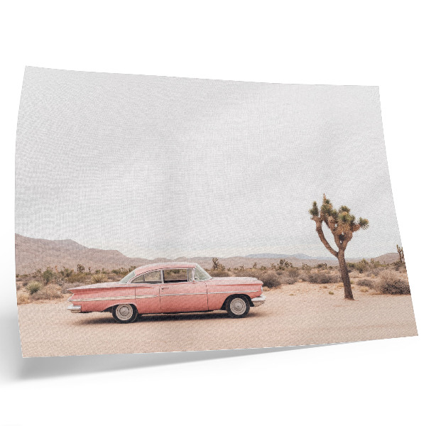 Poster para a sala Um carro antigo no deserto ao lado de uma árvore solitária.