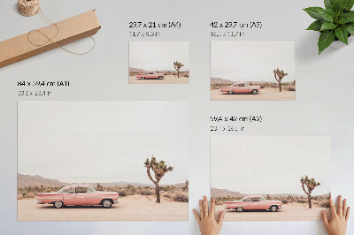 Poster para a sala Um carro antigo no deserto ao lado de uma árvore solitária.