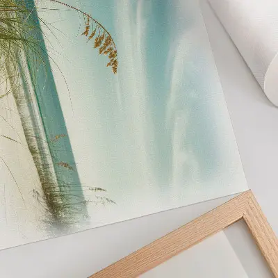 Pôster para sala com estampa de grama da praia e oceano Cenário de céu e paz