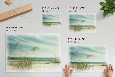 Pôster para sala com estampa de grama da praia e oceano Cenário de céu e paz