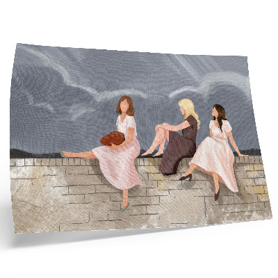 Poster mural Três mulheres na parede, vestidos coloridos, céu imenso.