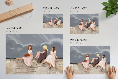 Poster mural Três mulheres na parede, vestidos coloridos, céu imenso.