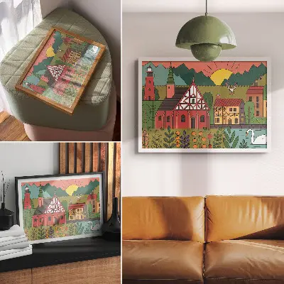 Pôster com paisagem de casas coloridas, montanhas, veados e cisnes em meio ao verde
