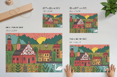 Poster Casas coloridas, montanhas, veados, cisnes, paisagem verde.