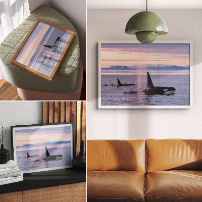 Poster em tela Orcas contra uma paisagem marinha em tons pastel