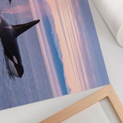 Poster em tela Orcas contra uma paisagem marinha em tons pastel