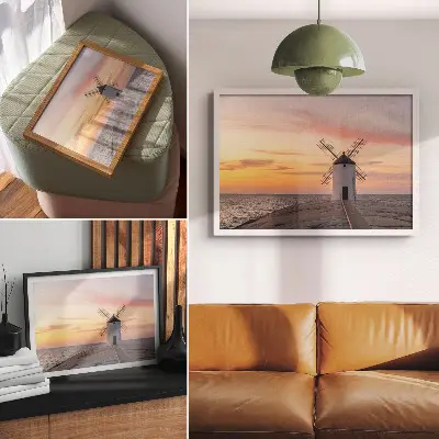 Poster mural moinho de vento ao pôr do sol no mar com céu em tons pastel