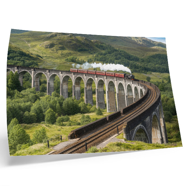 Poster Um viaduto com um trem entre colinas verdejantes.