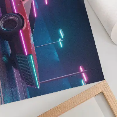 Poster mural de carro retrô em cenário urbano com iluminação neon