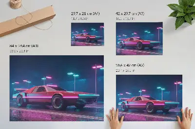 Poster mural de carro retrô em cenário urbano com iluminação neon