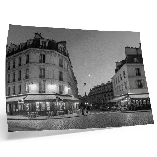 Poster para sala prédios em preto e branco com temática de cafés e elegância noturna