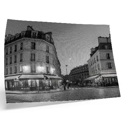 Poster para sala prédios em preto e branco com temática de cafés e elegância noturna